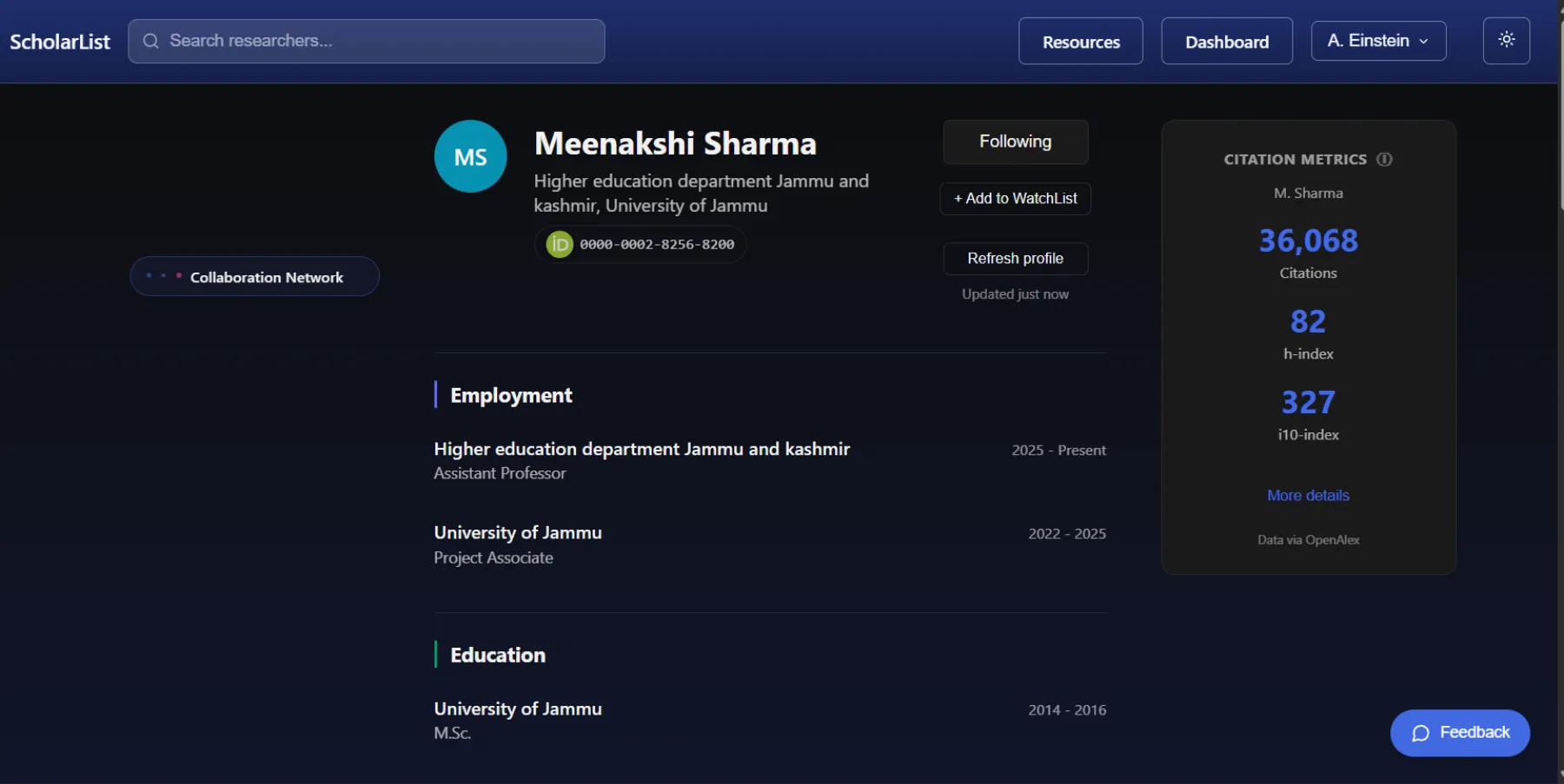 Scholarlist researcher profile