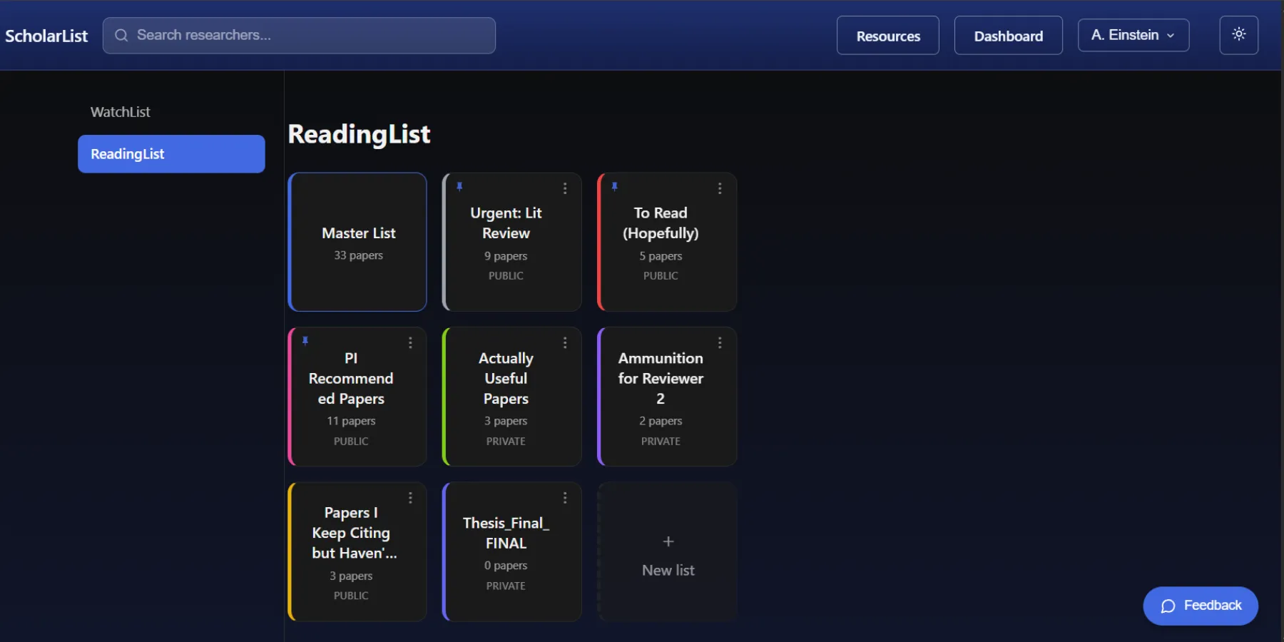 ScholarList ReadingList dashboard