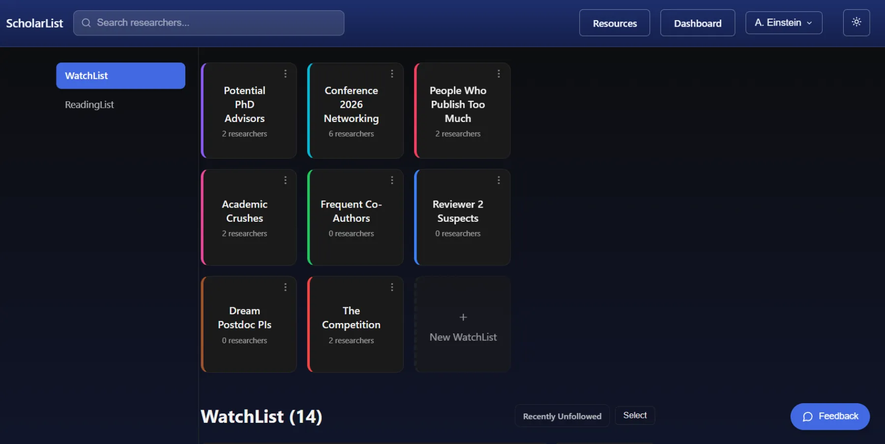 ScholarList WatchList dashboard